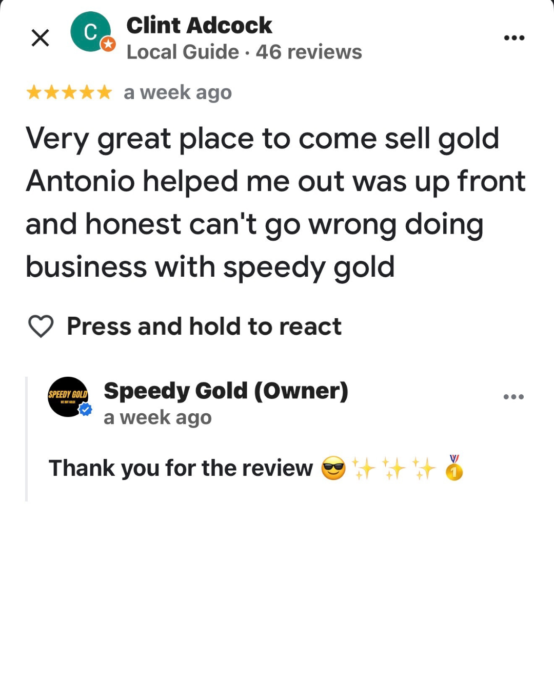 Review screenshot: 5-star rating for Clint Adcock Local Guide; reviewer praises Antonio for upfront, honest gold sale service; owner Speedy Gold replies thanking them with emojis.