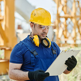 worker-2jpeg - San Antonio Gold Buyers - San Antonio Gold Buyers Construction worker wearing a yellow hard hat and safety goggles reads a clipboard at a construction site, with cranes in the background.